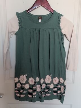 Tea Collection Green Dress with Cream Sleeves and Floral Hem